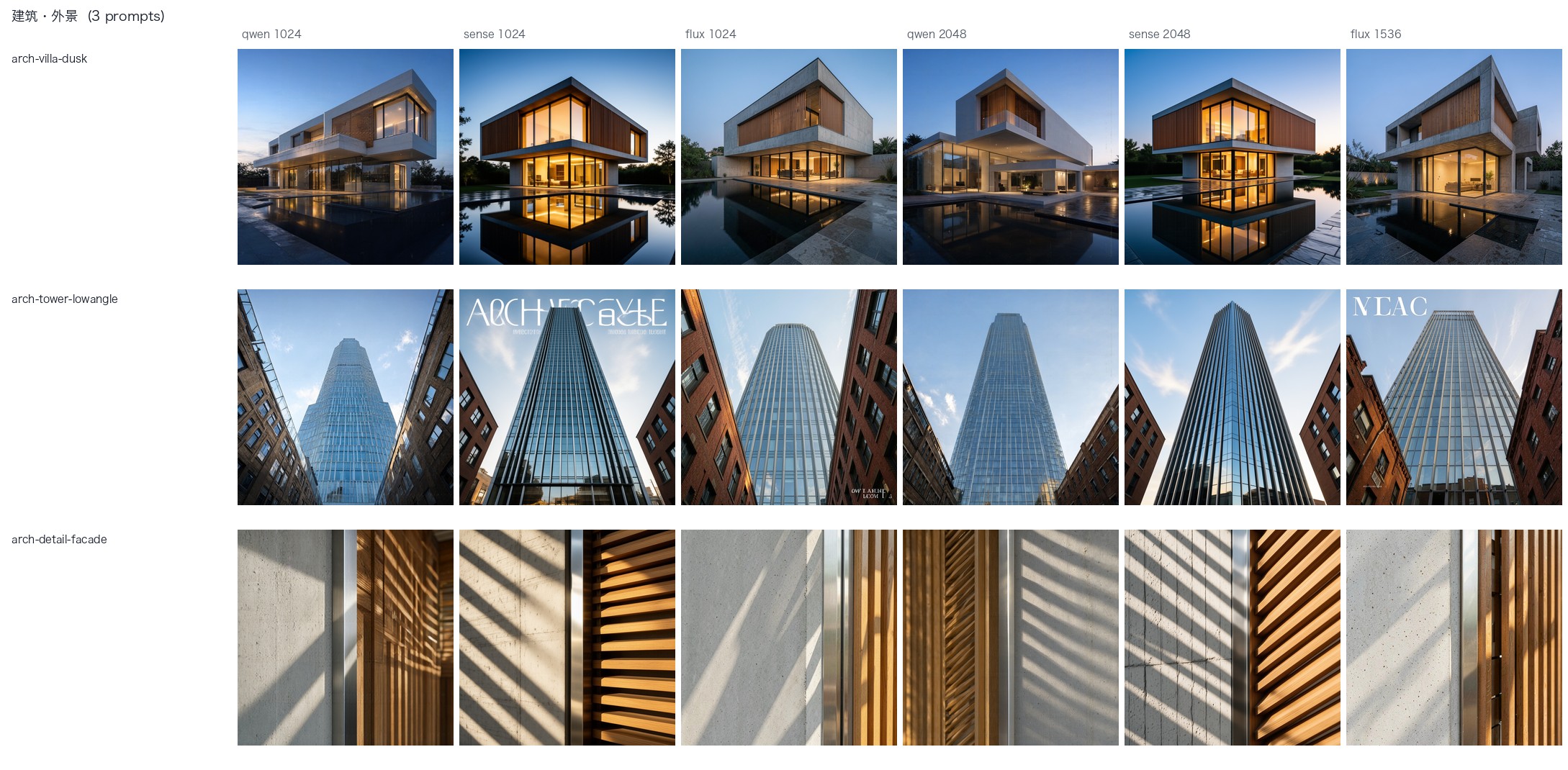 建筑外景：3 家模型 × 2 档分辨率并排