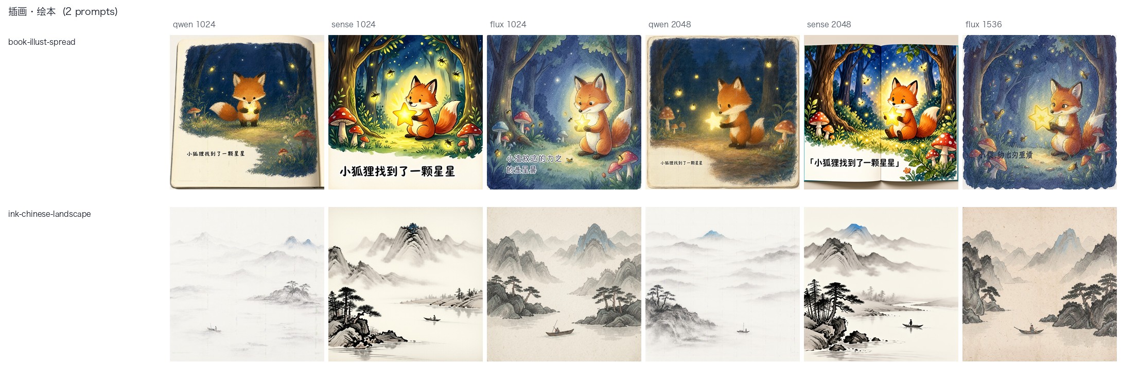 插画绘本：3 家模型 × 2 档分辨率并排